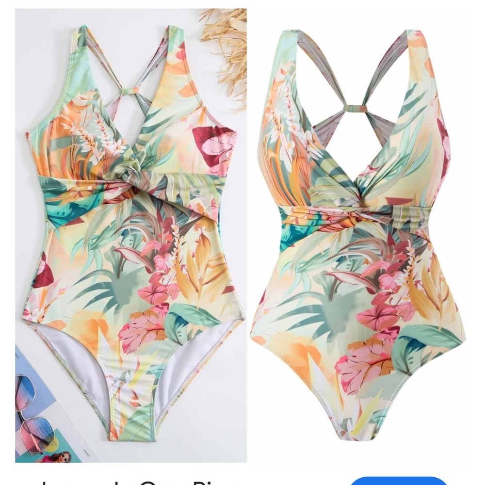 Floral Twist Front One Piece Swimsuit Tropical Pink‎ Teal XL NWOT